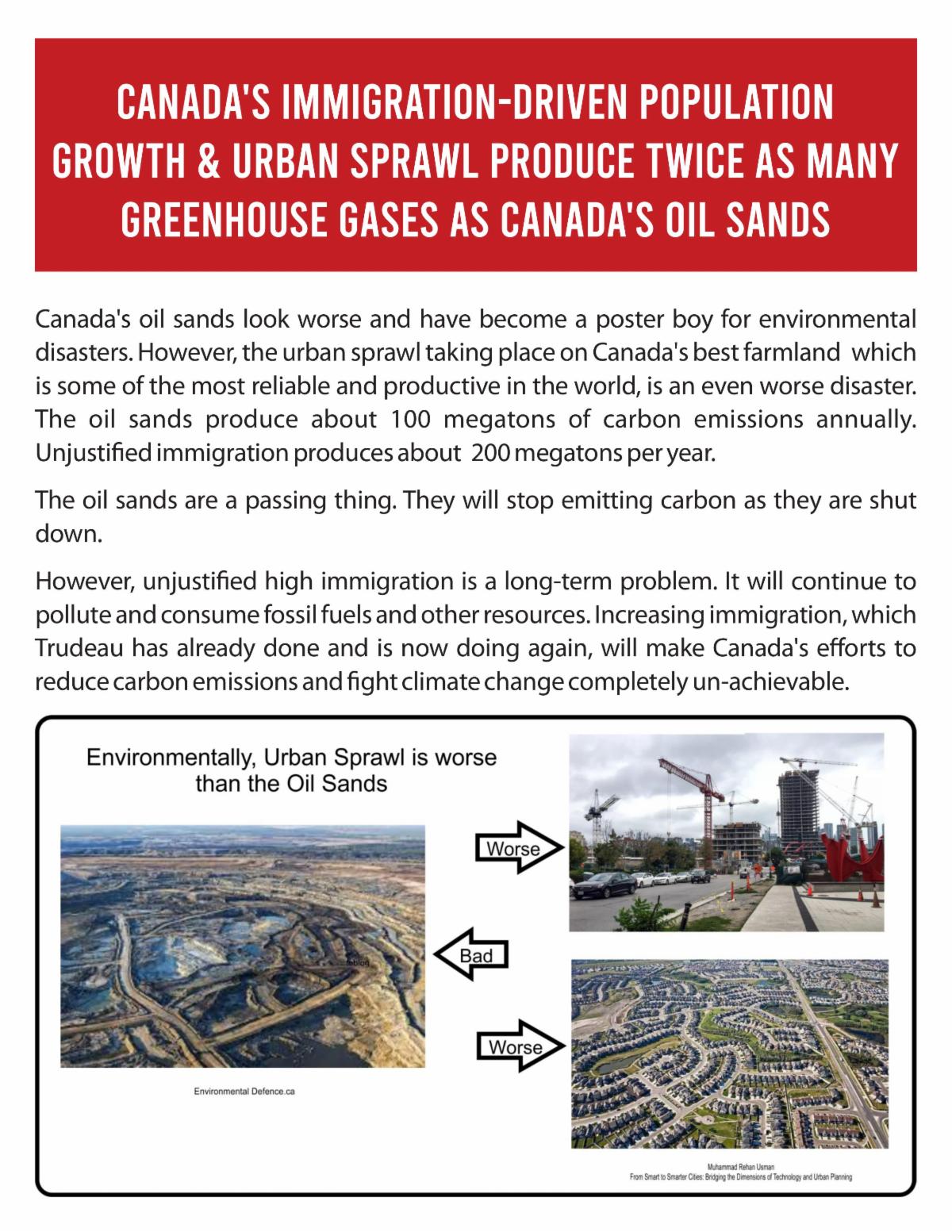 Canada's Immigration-Driven Population Growth causes twice as many GHG's as Our Oil Sands